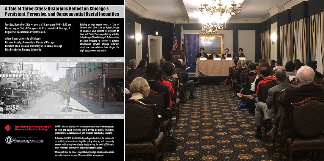 Poster of November 28, 2017 Legacies of Racism event with photo of Adam Green, Barbara Ransby, Elizabeth Todd-Breland, Lilia Fernández seated at a table before an audience
