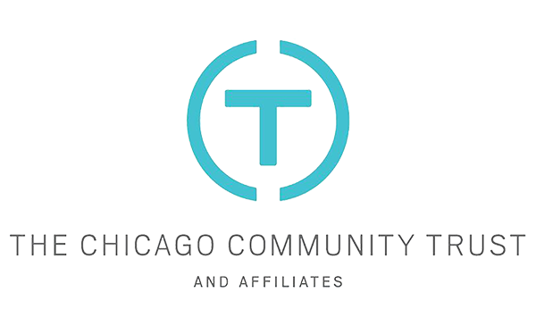 Logo with Chicago Community trust text in grey under a nearly complete blue circle with a blue T at the center