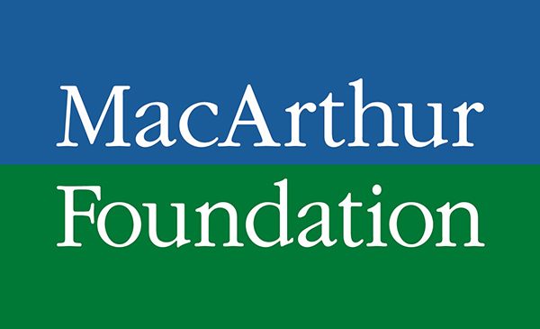 Logo with MacArthur in white over a blue background and Foundation in white over a green background