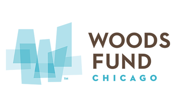 Logo with Woods Fund Chicago next to overlapping geometric shapes in blue