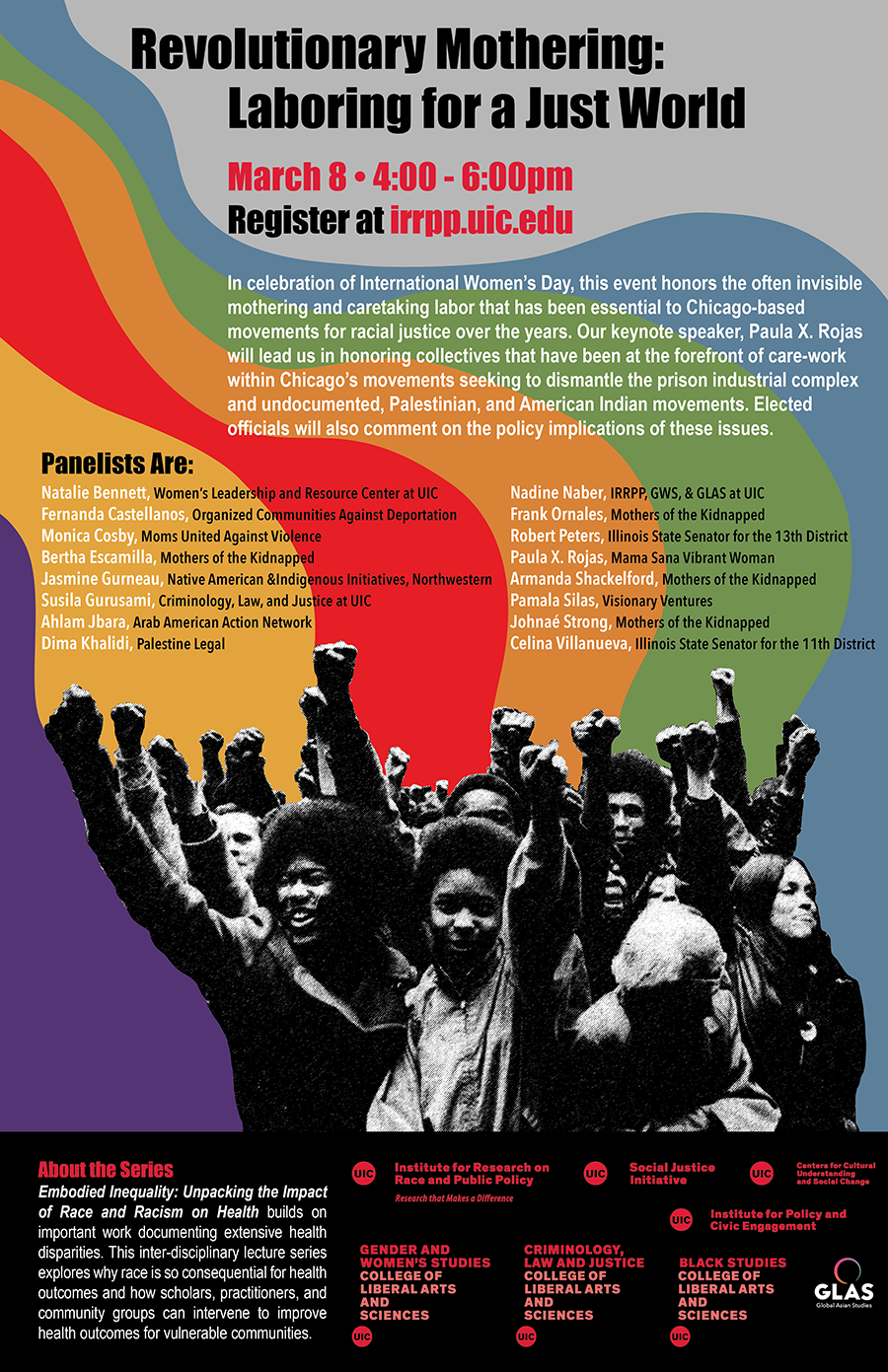 A colorful background with rainbow colors behind a black and white image of a crowd with raised fists and text about the Revolutionary Mothering event above it