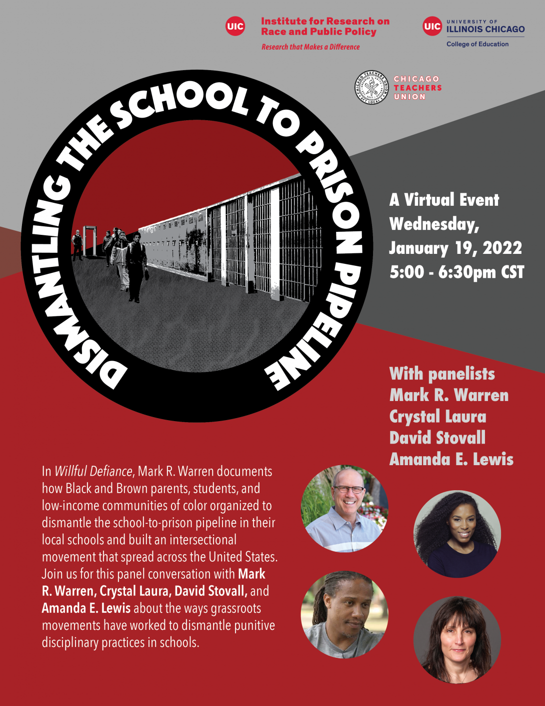 Circular image of students walking down a school hallway that becomes a row of prison cells with event info around the circle