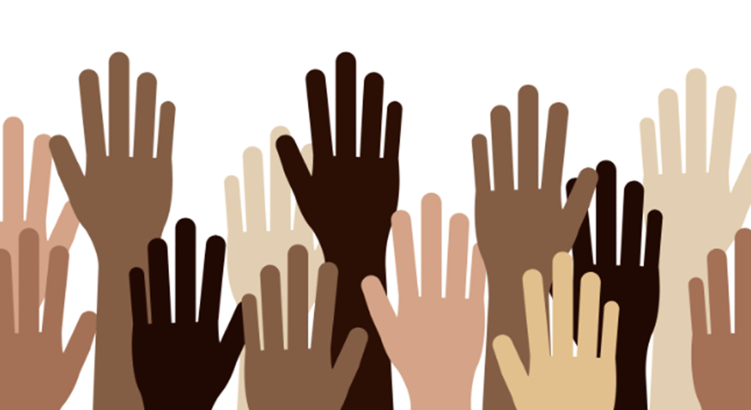 Graphic showing different brown colored hands reaching up