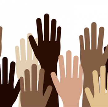Graphic showing different brown colored hands reaching up 