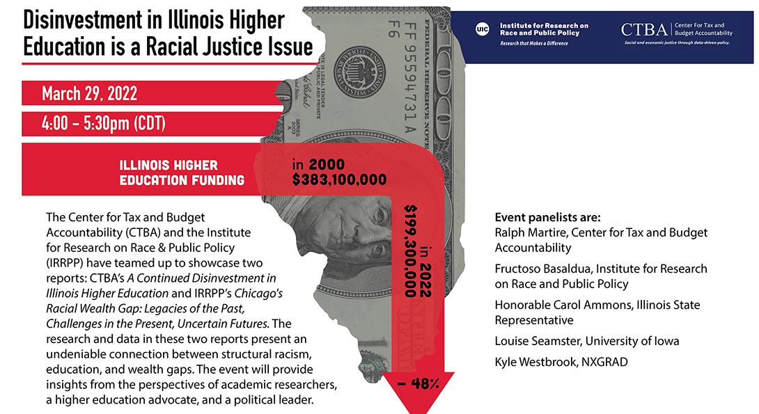 Top left has the title of the event and below it is the date and time. On the right is the outline of the state of Illinois with a red bar that runs across the state and then downwards that states that we have decreased higher education funding by over 47% in Illinois between 2000 and 2022. The rest of the page has the description of the event and then panelists