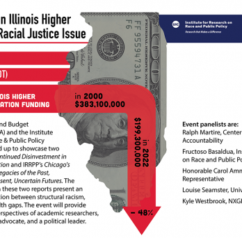 Top left has the title of the event and below it is the date and time. On the right is the outline of the state of Illinois with a red bar that runs across the state and then downwards that states that we have decreased higher education funding by over 47% in Illinois between 2000 and 2022. The rest of the page has the description of the event and then panelists
                  