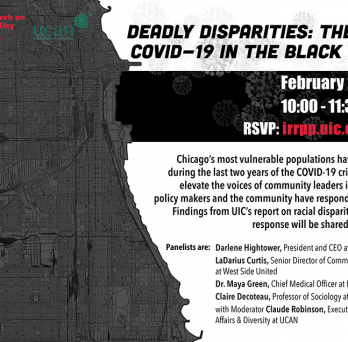 Grey map of Chicago on the left of the image with the title of the event at the top right followed by a black bar with the date, time and how to rsvp for the event below. Under the black bar are details about the event and the panelists
                  