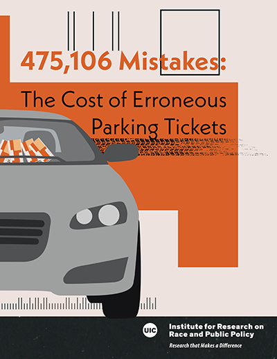 Half of a grey car with tickets in the windshield. Behind the car, a large parking ticket fills the background and the title of the report is written over the ticket.
