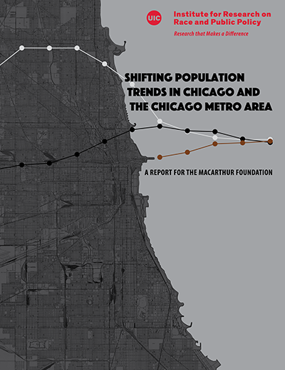 Map of Chicago in dark grey on the left with a superimposed three line chart of White, Black, and Latinx population changes per decade. On the right is the title of the report in black letters, above that is the logo of IRRPP in red.