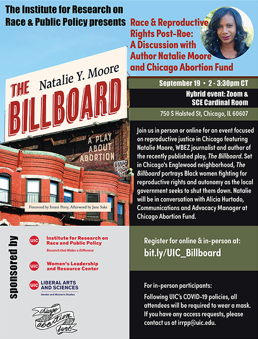 top right has the title of the event in red letters next to a photograph of author Natalie Moore. Below that on half of the page is text with the date, time, a description of the event and how to register. On the left side of the page is a reproduction of the cover of the book and below that the sponsors for the event.