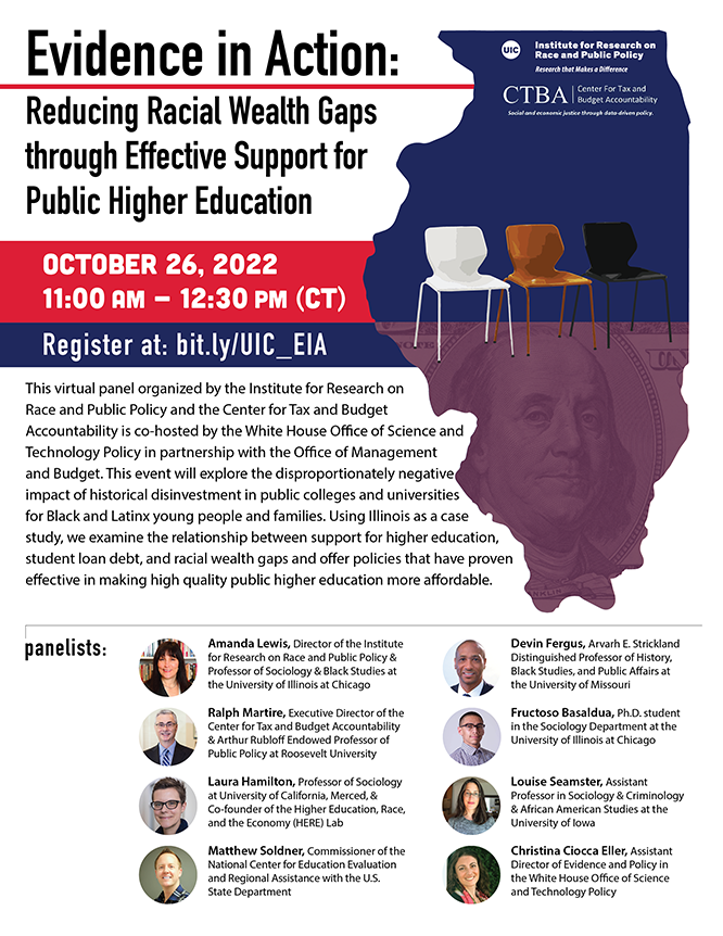Top left has the title of the event and below it is the date and time. On the right is the outline of the state of Illinois with a dollar tree moving up from Sprinfield's capital to the rest of the state. The left of the page has the description of the event and then below the description and image are the details of the panelists.