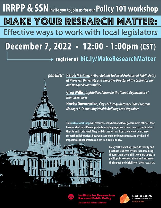 Top line of text has the names of the cosponsors. Underneath in larger font is the title of the event and underneath that is the date and time for the event followed by the registration link. A picture of the Springfield capitol in blue and black is at the lower left and next to the image is text with the names and titles of the panelists, a description of the event, and a description of the event series. At the bottom right of the poster are the logos of the two sponsors.