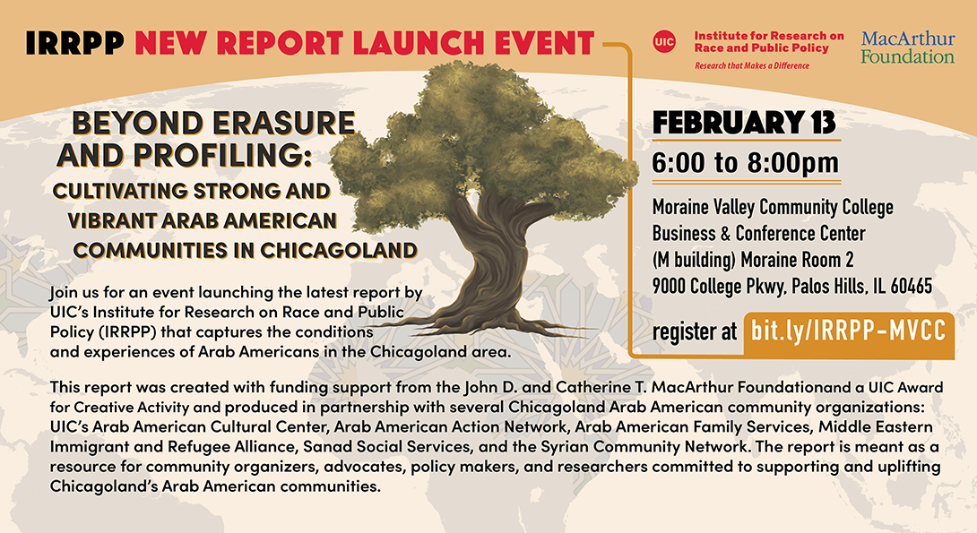 The poster has bold letters at the top announcing that this is a report launch event. Below that in the middle is a drawing of an olive tree and next to that on the left is the title of the event in black and gold letters and to the right is the event date, time, and location. In the background is a map of the globe with Arab countries outlined in a stylized pattern. Below the title is the description of the event.