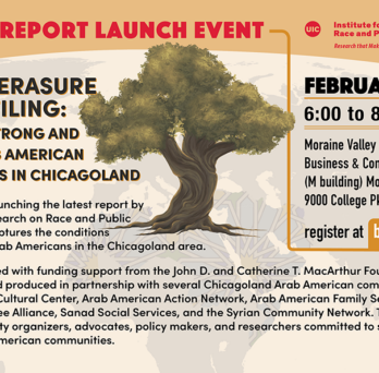 The poster has bold letters at the top announcing that this is a report launch event. Below that in the middle is a drawing of an olive tree and next to that on the left is the title of the event in black and gold letters and to the right is the event date, time, and location. In the background is a map of the globe with Arab countries outlined in a stylized pattern. Below the title is the description of the event.
                  