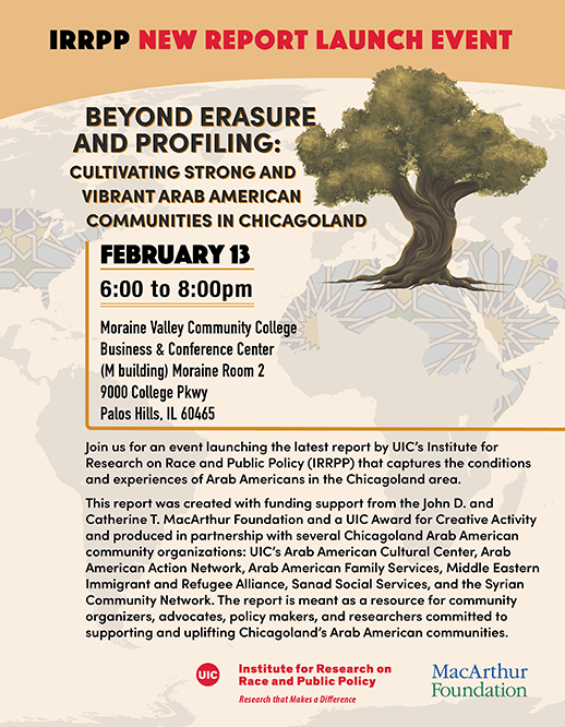 The poster has bold letters at the top announcing that this is a report launch event. Below that on the right is a drawing of an olive tree and next to that on the left is the title of the event in black and gold letters. In the background is a map of the globe with Arab countries outlined in a stylized pattern. Below the title of the event is the date, time, and location for the event in black letters. Below that is the description of the event in two paragraphs and at the bottom of the poster is the IRRPP logo in red.