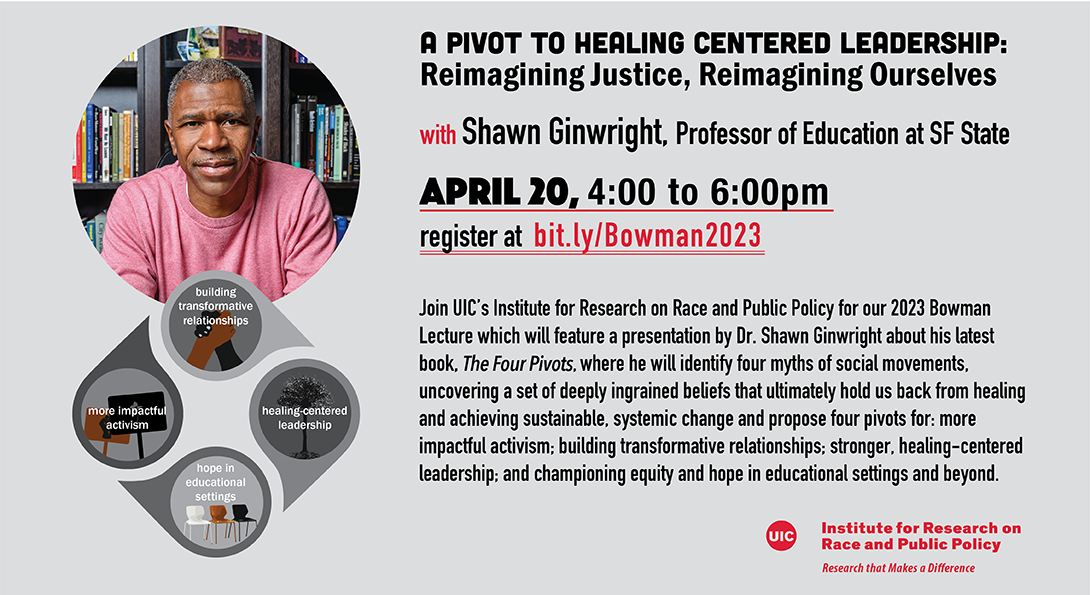 The poster has a grey background. At the top right in black lettering we have the title of the lecture, the name of the speaker, and the date and time followed by a link for where to register in red. Next to that on the top left is a large photo of our speaker, Shawn Ginwright, wearing a pink sweater and smiling. Next to him on the right is his name in red letters and below that in white letters is the title of his talk, 