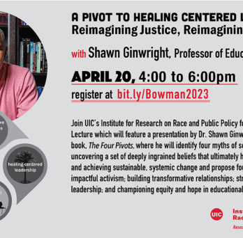 The poster has a grey background. At the top right in black lettering we have the title of the lecture, the name of the speaker, and the date and time followed by a link for where to register in red. Next to that on the top left is a large photo of our speaker, Shawn Ginwright, wearing a pink sweater and smiling. Next to him on the right is his name in red letters and below that in white letters is the title of his talk, 