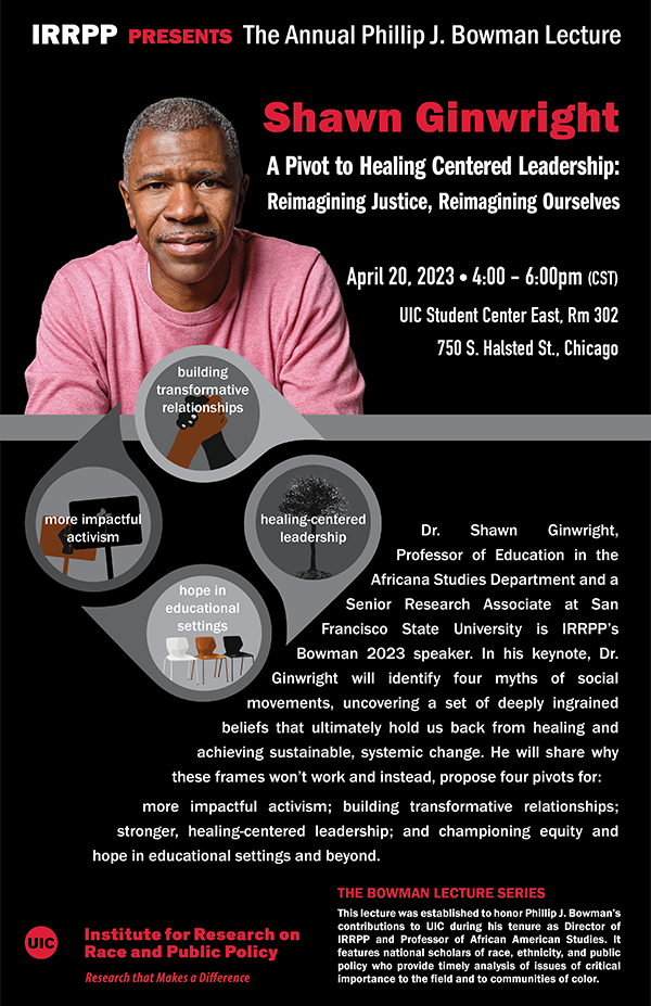 The poster has a black background. At the top, in gray and red lettering we have IRRPP presenting the Bowman Lecture. Below that on the left is a large photo of our speaker, Shawn Ginwright, wearing a pink sweater and smiling. Next to him on the right is his name in red letters and below that in white letters is the title of his talk, 