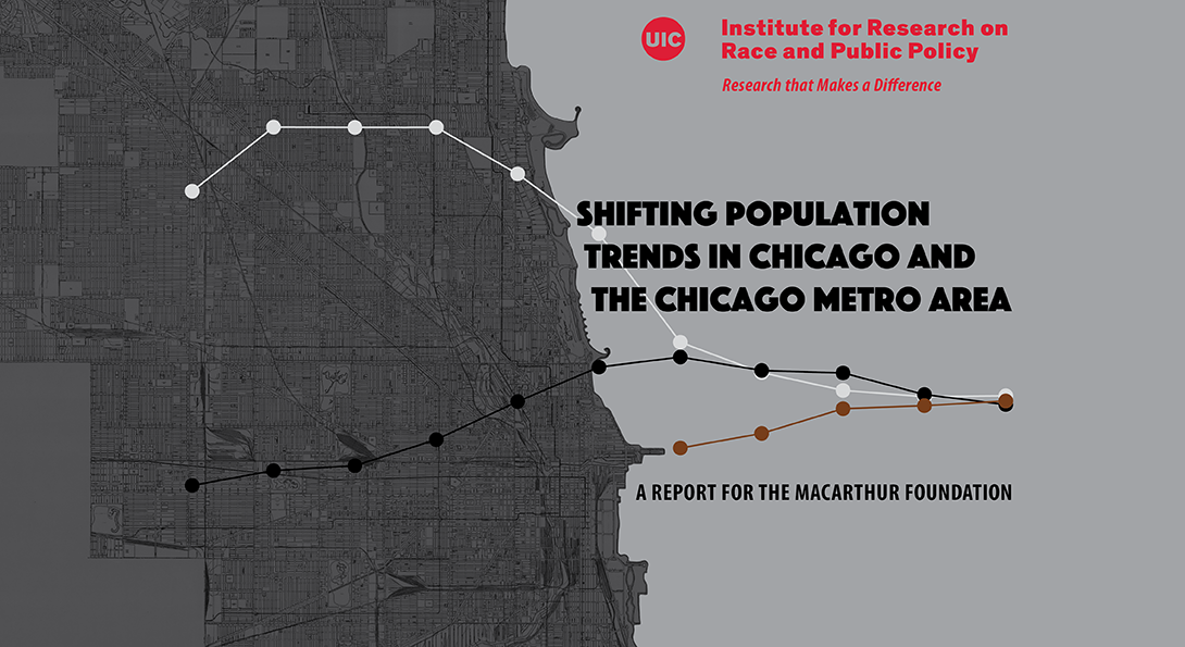 A map of Chicago streets with a dark grey overlay is on the left side of the page. On the right side of the page, where the water would be, is a lighter grey background with the IRRPP logo in red at the top, the title of the report in black in the center, and towards the bottom notice that MacArthur Foundation commissioned the report. A demographic trend line of white, Black, and Latinx populations sits atop the map and goes into the writing.