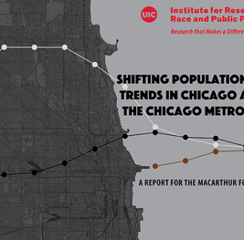 A map of Chicago streets with a dark grey overlay is on the left side of the page. On the right side of the page, where the water would be, is a lighter grey background with the IRRPP logo in red at the top, the title of the report in black in the center, and towards the bottom notice that MacArthur Foundation commissioned the report. A demographic trend line of white, Black, and Latinx populations sits atop the map and goes into the writing. 