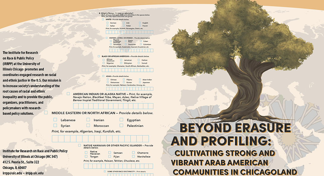 The poster has a drawing of an olive tree on the right and below that is the title of the report in black and gold letters. In the background is a map of the globe with Arab countries outlined in a stylized pattern. In the water between Europe and Africa and the US are CENSUS categories that include the MENA designation.