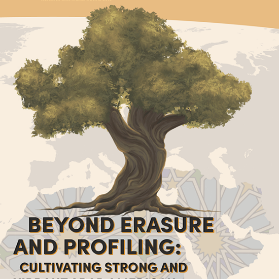 The image is the cover for the report. At the top is the logo of IRRPP in black. Below that is a drawing of an olive tree superimposed on a background map of the globe with Arab countries outlined in a stylized pattern. Below that is the title of the report in black and gold letters.