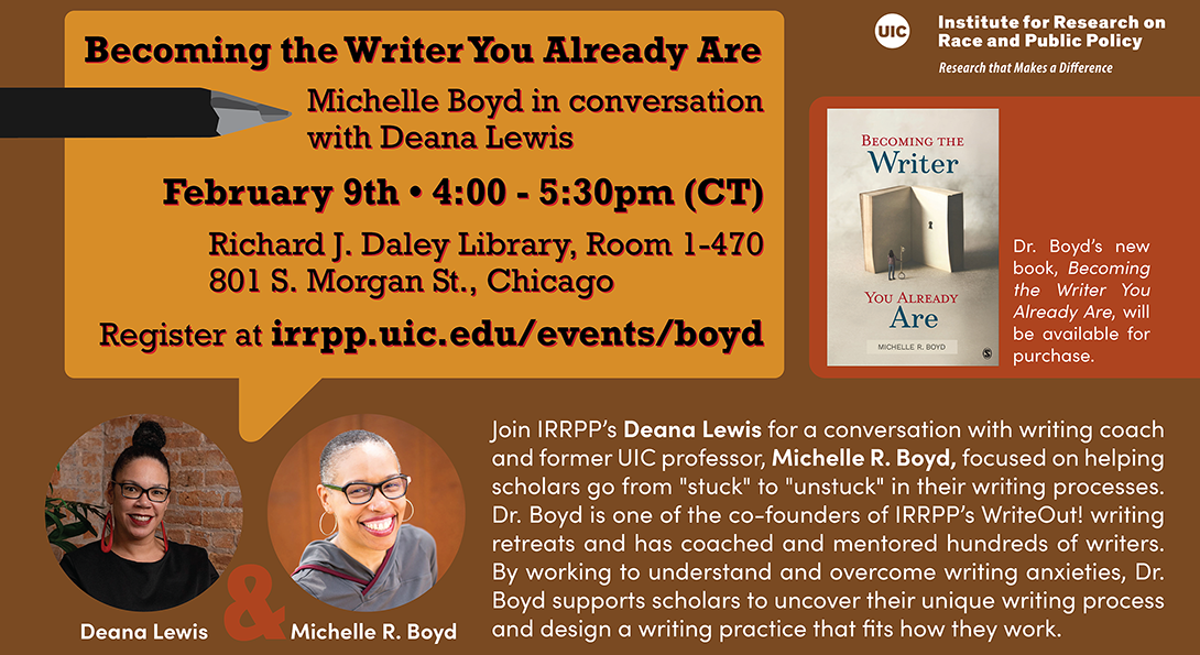 This poster has a brown background. The top left of the image has an orange-yellow text box is the title of the event, date, and location. Underneath that on the left are pictures of the two panelists for the event, Deana Lewis and Michelle Boyd. Next to the speaker photos is a description of the event. Above that is an image of the cover of Michelle's book.