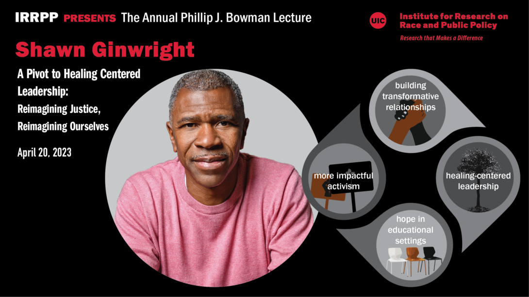 The poster has a black background. At the top, in gray and red lettering we have IRRPP presenting the Bowman Lecture. Below that on the left is a large photo of our speaker, Shawn Ginwright, wearing a pink sweater and smiling. Next to him on the right is his name in red letters and below that in white letters is the title of his talk, 