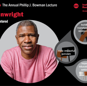 The poster has a black background. At the top left in red lettering we have the name of the speaker and then in white text the title of the lecture and the date. Next to that is a large photo of our speaker, Shawn Ginwright, wearing a pink sweater and smiling. Next to him on the right is a graphic with a four leaf design that includes his four pillars for healing leadership. Next to that graphic on the right is a description of the talk. At the far top right of the image is the IRRPP logo.
                  