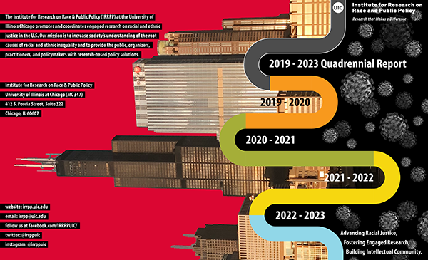 2023 Quadrennial report showing a shower of covid spores on a black background on the right side with a winding road moving from top to bottom in different colors and with the dates of the last four academic years in the path. A sideways image of downtown Chicago as seen from the Institute grows from the curved path and on the back in a red background is the mission of the institute as well as our contact information.