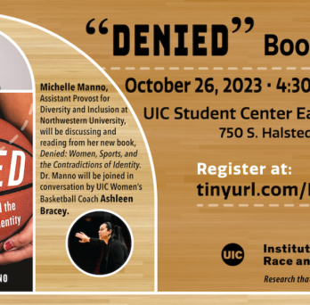 The poster has a wooden background. There is a basketball court on the left with a headshot of the author on the top. There is a basketball with the title of the book and IRRPP logo on the bottom right. 