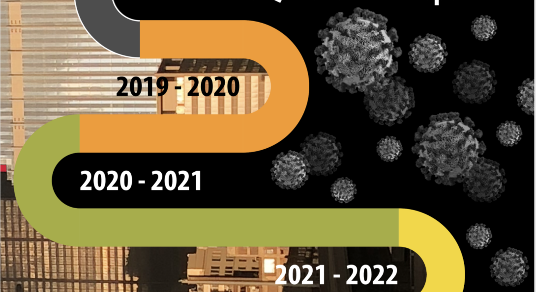 An image of the report cover with city skyline background, coronavirus imagery and a multicolor timeline through the middle