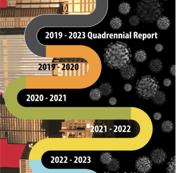 An image of the report cover with city skyline background, coronavirus imagery and a multicolor timeline through the middle
                  