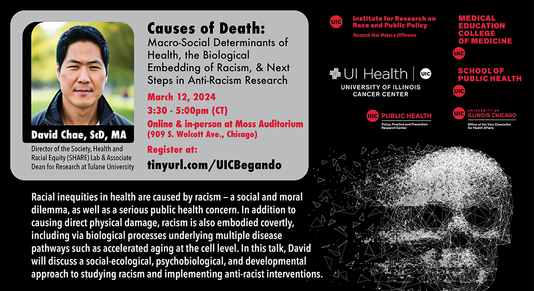 A black poster with the names of the sponsors on the top right. Top left is a grey rectangle is a photo of the speaker and his title to the left and on the right is the title of the talk, time, location, and how to register. Below the grey rectangle is a paragraph describing the talk and on the right of the image is a skull formed by triangles and circles that is disintegrating.