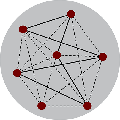 Grey circle background. Red dots scattered around the circle connected by solid and dashed lines.
