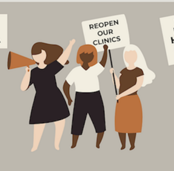grey background with the title of the new report at the top and different graphic persons holding up signs and a bullhorn authors listed at the bottom
                  