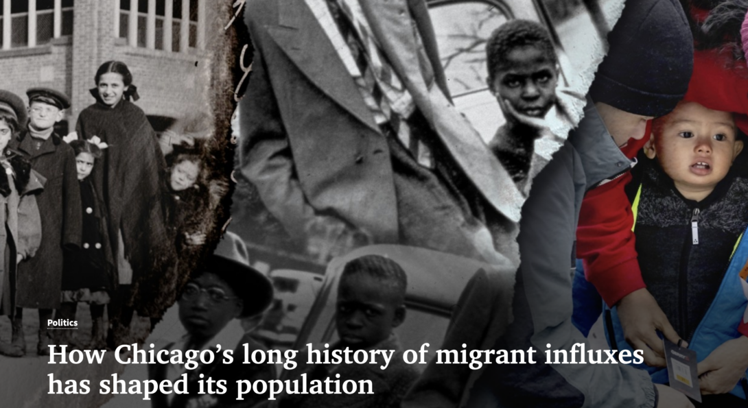 a photo of different groups that have migrated to chicago over time, black and white overlay a man with a business suit and on the right a toddler