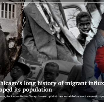 a photo of different groups that have migrated to chicago over time, black and white overlay a man with a business suit and on the right a toddler
                  