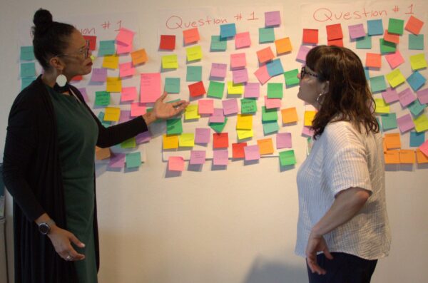 Two women stand in front of a wall filled with post-it notes.