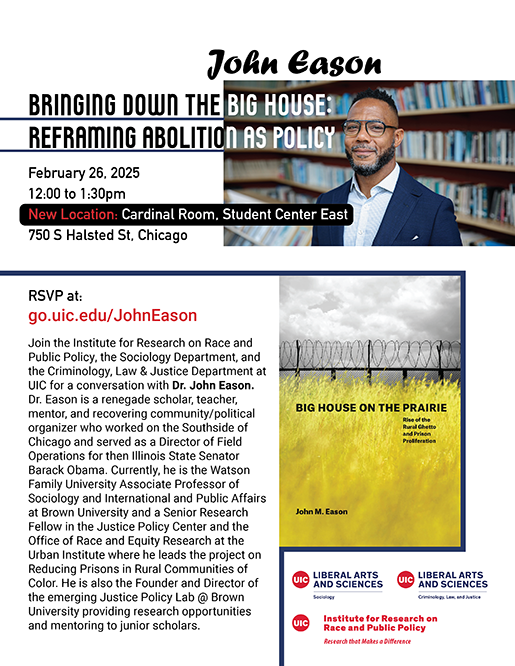 The poster has the speaker's name at the top followed by the title of the talk on the left that runs over a picture of the speaker, Dr. John Eason. Under the title of the event is the date, time, and location for the event. Below that is the RSVP link and a description of the event. To the right of the description is a picture of the book cover of Dr. Eason's book 