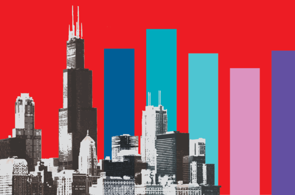 This graphic shows a silhouette of the skyline of Chicago and next to it some bar graphics resembling skyscrapers. It has a red overlay background to emphasize the skyline and bars.